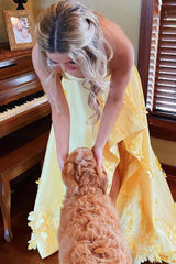 High Low Strapless Yellow Satin Long Prom Dress with 3D Flowers, High Low Yellow Formal Dress, Yellow Evening Dress