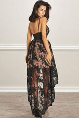 High Low V Neck Open Back Black Lace Prom Dress, High Low Black Homecoming Dress, Black Lace Formal Evening Dress