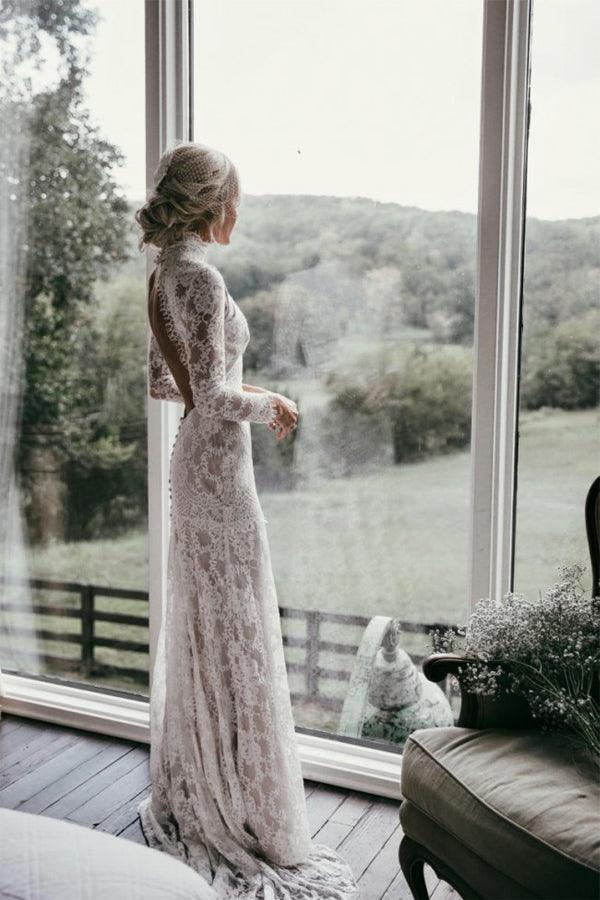High Neck Boho Long Sleeves Lace Wedding Dresses With Open back TN307
