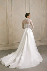 High Neck Modest Wedding Dress Long Sleeve Wedding Dress Embroidered Wedding Gown Lace Wedding Dress A Line Bridal Dress With Long Train