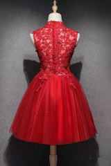 High Neck Red Lace Short Prom Dress, Red Lace Homecoming Dress, Red Formal Graduation Evening Dress A1314