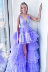 High Low V Neck LilacTulle Long Prom Dress with Belt Evening Dress TP1114