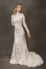 Hight Neck Elegant Long Sleeve Wedding Dress Bride Dress Open Back Lace With Train