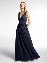 V-neck Lace Top Chiffon Skirt Maxi Dress-Dark Navy