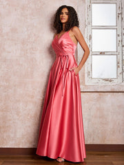 Princess Spaghetti Straps Maxi Satin Dresses with Pockets Watermelon