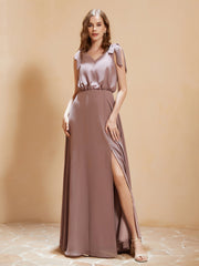V-neck Floor-length Chiffon Dress With Silt Vintage Mauve