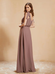 V-neck Floor-length Chiffon Dress With Silt Vintage Mauve