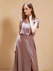 V-neck Floor-length Chiffon Dress With Silt Vintage Mauve