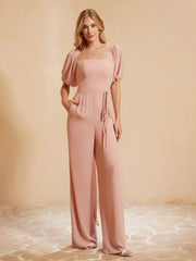 Square Neckline Half Sleeves Jumpsuit Dusty Rose