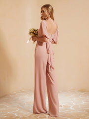 Square Neckline Half Sleeves Jumpsuit Dusty Rose