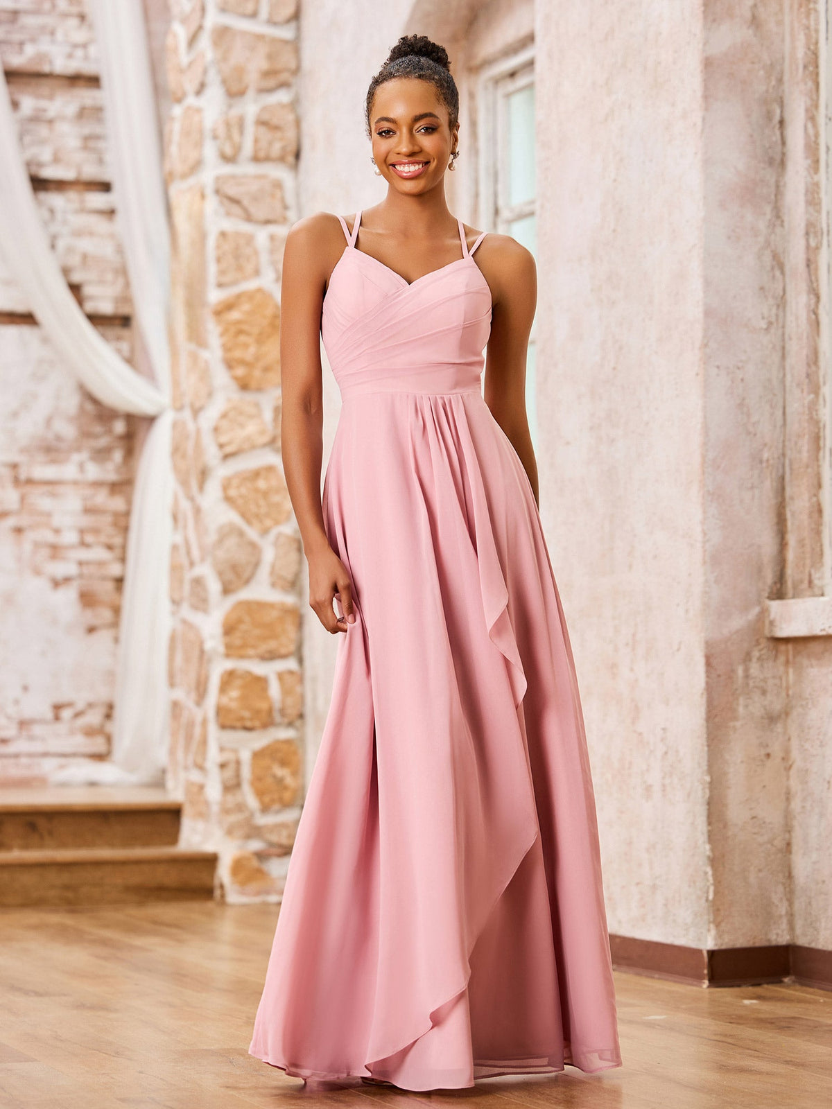 Double Spaghetti Straps Chiffon Bridesmaid Dresses Dusty Rose