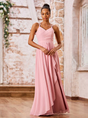 Double Spaghetti Straps Chiffon Bridesmaid Dresses Dusty Rose