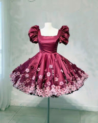 Burgundy Satin Mini Dress With 3D Flowers