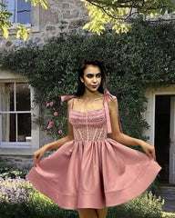 Short Pink Bow Straps Sequin Beaded Corset Dress