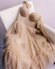 Spaghetti Straps Tulle Ruffles Midi Corset Dress