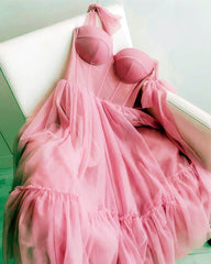 Spaghetti Straps Tulle Ruffles Midi Corset Dress