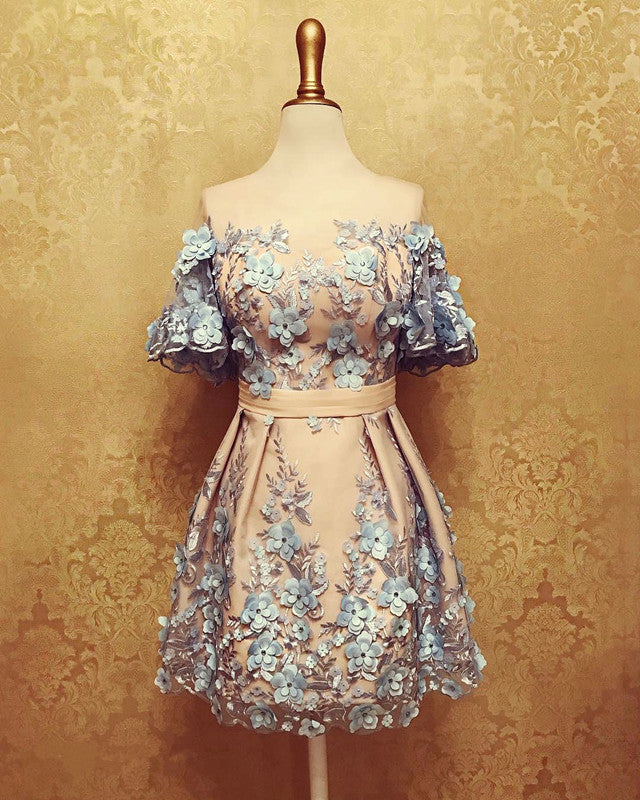 Puffy Sleeves Homecoming Dresses With 3D Flowers