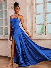 Spaghetti Straps Ruched Long Dress With Ribbons Royal Blue