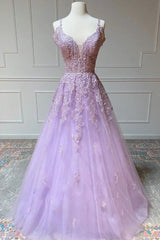 Hot 2024 Violet Purple Prom Dresses Tulle Lace Appliques A-Line Formal Dress