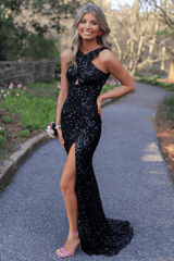 Hot 2024 Black Sequin Prom Dress Fitted Sleeveless Formal Dress with Slit