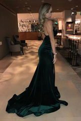 Hot Emerald Green Velvet Prom Dresses Long Mermaid Formal Evening Dress