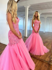 Hot Floral Long Corset 2024 Prom Dresses Mermaid Pink Lace Formal Dress Strapless