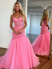 Hot Floral Long Corset 2024 Prom Dresses Mermaid Pink Lace Formal Dress Strapless