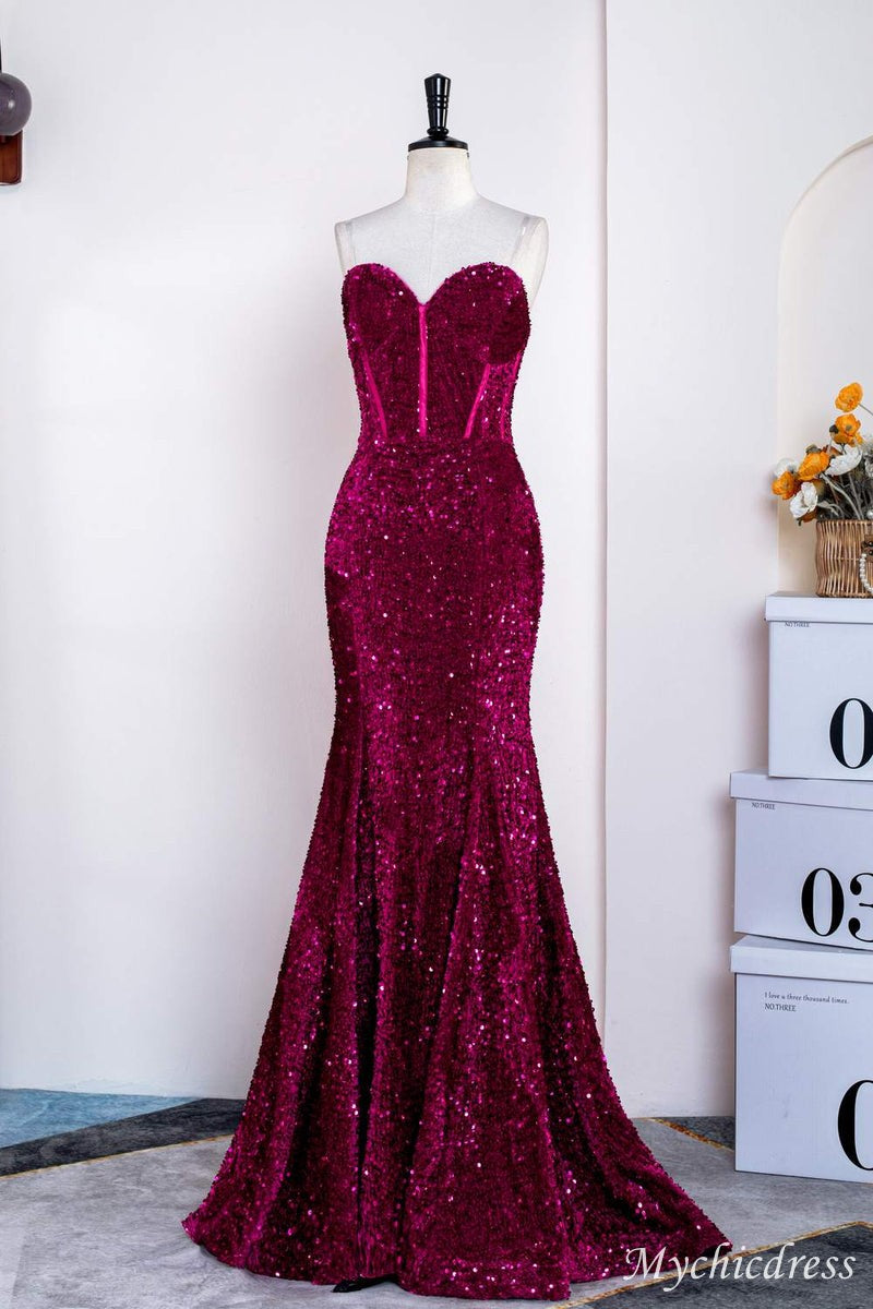 Hot Fuchsia Sequin Mermaid Prom Evening Dresses Sweetheart
