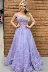 Hot Lace Long Violet Prom Dresses 2024 Floral Lavender Formal Dresses 3D Flowers