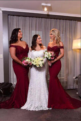 Hot Mermaid Burgundy Lace Bridesmaid Dresses Long Off Shoulder