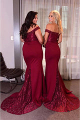Hot Mermaid Burgundy Lace Bridesmaid Dresses Long Off Shoulder