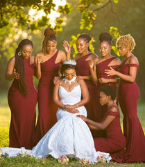 Hot Off Shoulder Long Bridesmaid Dress Burgundy Mermaid Wedding Party Dresses