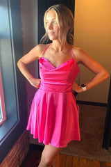 Hot Pink A-line Cowl Neck Short Prom Dress Homecoming Dress HD0165