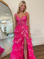 Hot Pink High Low Lace Prom Dresses, Hot Pink High Low Lace Formal Evening Dresses