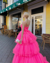 Hot Pink High Low Tulle Long Prom Dresses, Hot Pink High Low Formal Graduation Dresses