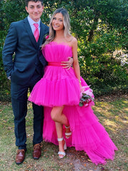 Hot Pink High Low Tulle Prom Dresses, Hot Pink High Low Formal Graduation Dresses