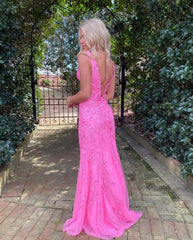 Hot Pink Lace Long Prom Dresses Mermaid V Neck Sexy Evening Dress UK