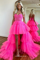 Hot Pink Lace Sweetheart Strapless Tiered High Low Fashion Prom Dresses, CP1022