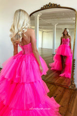 Hot Pink Lace Sweetheart Strapless Tiered High Low Fashion Prom Dresses, CP1022