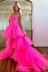 Hot Pink Lace Sweetheart Strapless Tiered High Low Fashion Prom Dresses, CP1022