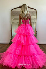 Hot Pink Lace Sweetheart Strapless Tiered High Low Fashion Prom Dresses, CP1022