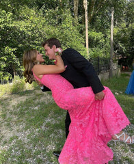 Hot Pink Long Lace 2024 Prom Dress Mermaid Formal Evening Dress Sleeveless