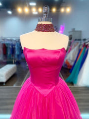 Hot Pink Long Tulle Prom Dresses, Hot Pink Long Tulle Formal Evening Dresses