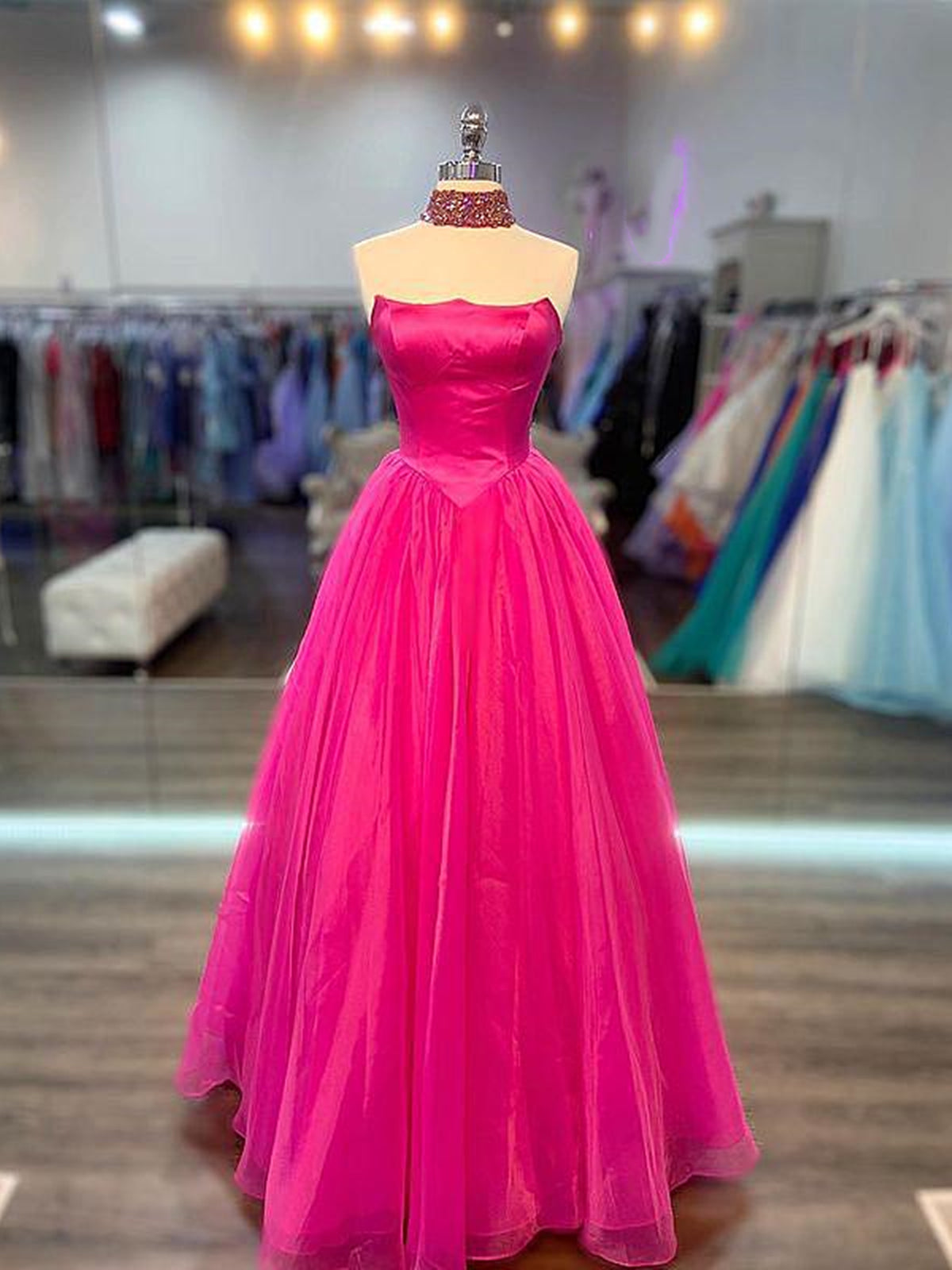 Hot Pink Long Tulle Prom Dresses, Hot Pink Long Tulle Formal Evening Dresses