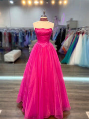 Hot Pink Long Tulle Prom Dresses, Hot Pink Long Tulle Formal Evening Dresses