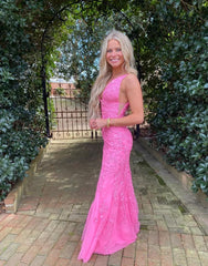 Wholesale Hot Pink Mermaid Deep V-Neck Prom Dress With Appliques long prom dresses with sleeves