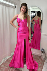 Hot Pink Mermaid Straps Satin Long Prom Dress with Slit TP1266