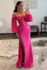Hot Pink Off The Shoulder Detachable Sleeves Long Prom Dress