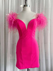 Hot Pink Off the Shoulder Short Prom Dresses, Off Shoulder Short Hot Pink Graduation Homecoming Dresses