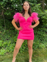 Hot Pink Off the Shoulder Short Prom Dresses, Off Shoulder Short Hot Pink Graduation Homecoming Dresses